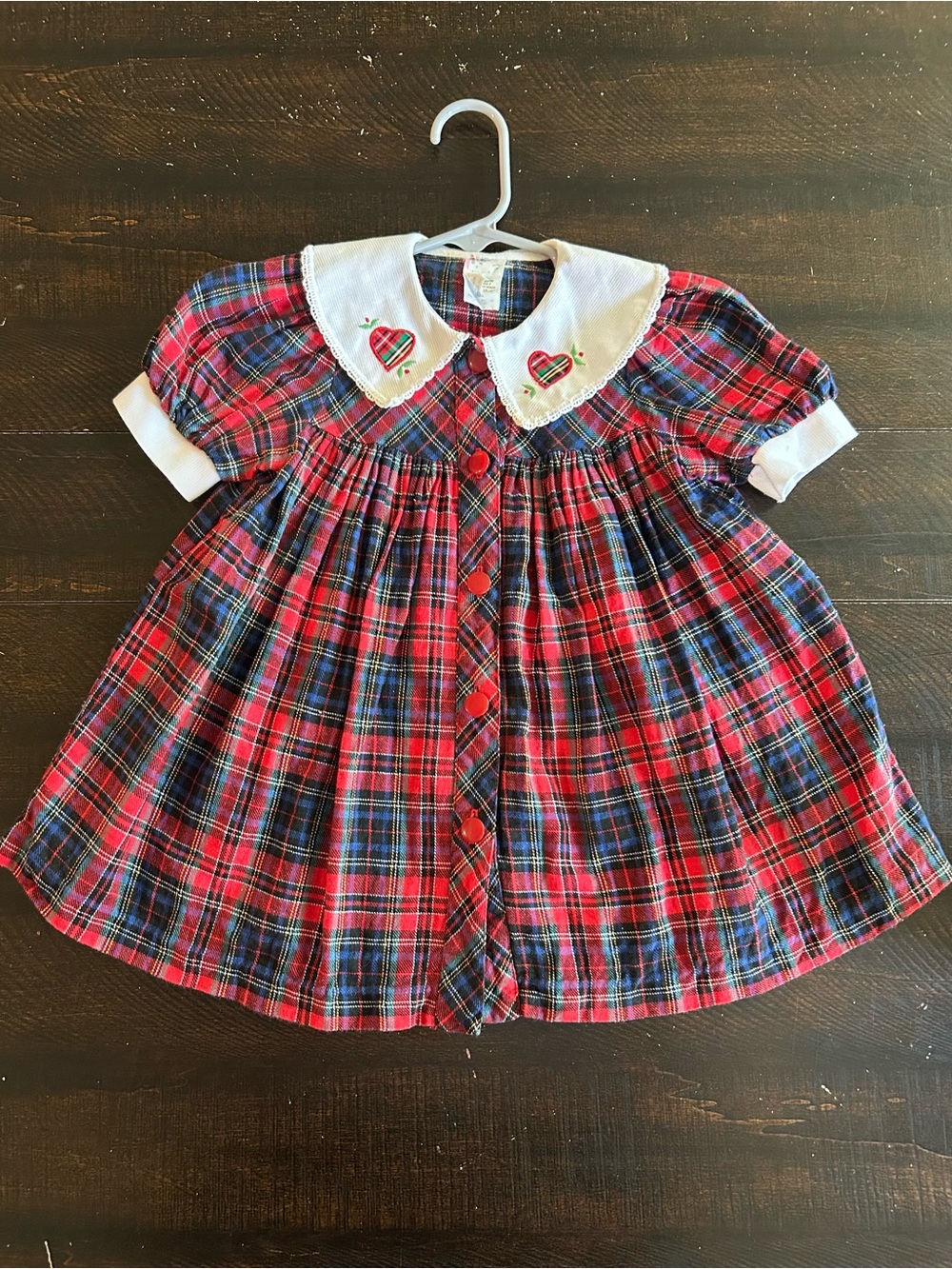 Vtg Plaid Baby Holiday Dress Heart Collar Red Tartan